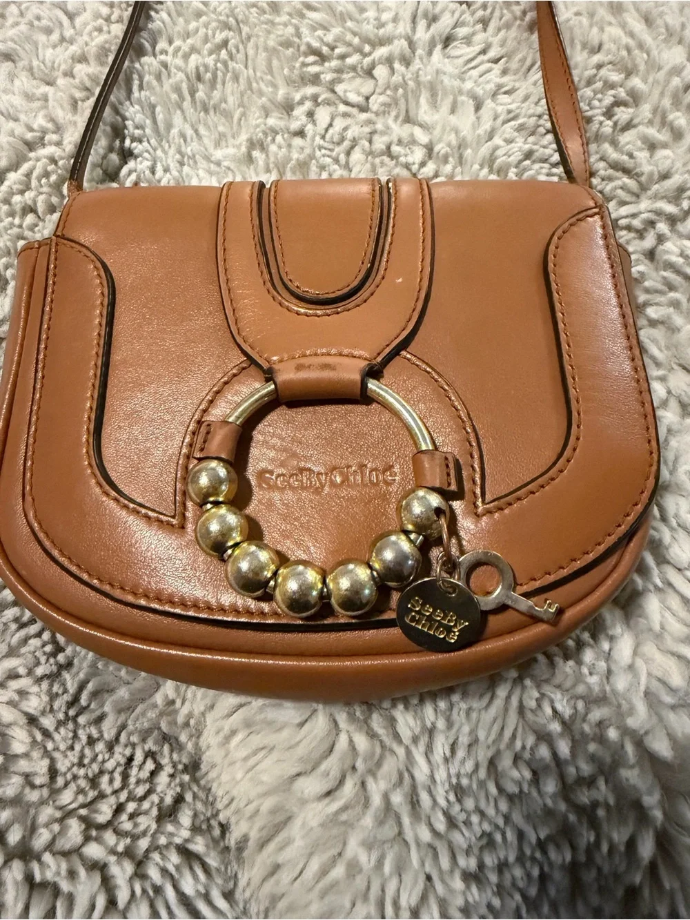 See By Chloe Tan Leather Small Crossbody with Gold Ring Detail